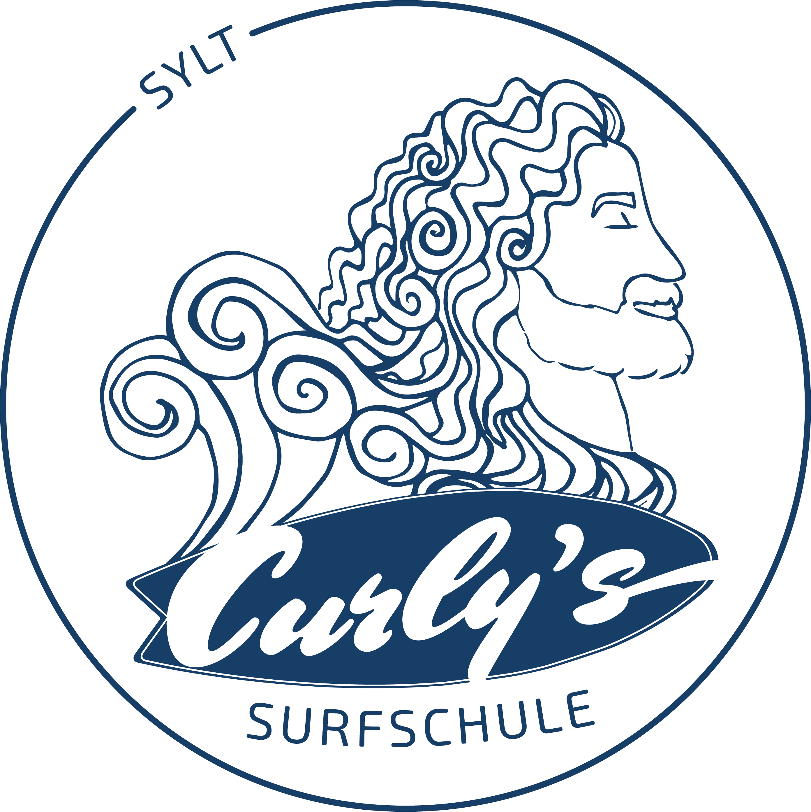 Das Logo von Curlys Surfschule auf Sylt in blau